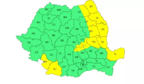 Harta zonelor afectate de avertizarea meteo emisă de Administrația Națională de Meteorologie