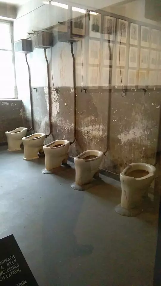 Turiștii români au fotografiat unul dintre puținele locuri în care le-a fost permis acet lucru. Toaletele comune ale lagărului Auschwitz