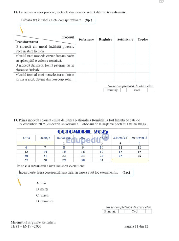 Subiectele la Matematică și Științe ale naturii – Evaluare Națională clasa a IV-a 2026-foto-11