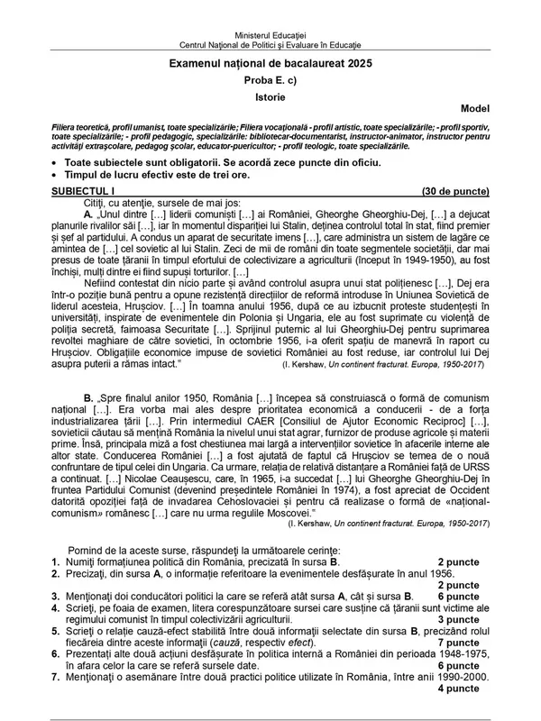 Modele de subiecte pentru bacalaureat 2025 publicate de ministerul