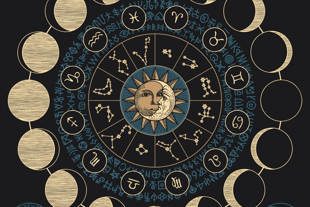 Cum îți calculezi Ascendentul din astrograma natală și ce semnificații are - Luna, Soarele, constelațiile zodiacale, fazele lunii și semnele ezoterice scrise în cerc pe fond negru