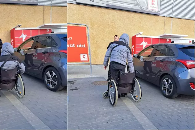 Surpriză în parcarea unui supermarket din Alba Iulia: Un bărbat care cerșea într-un scaun cu rotile, „vindecat” de Poliția Locală