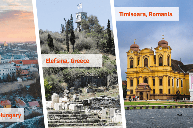 Ce înseamnă că un oraş este capitală culturală europeană - Colaj de imagini din Veszprem, Elefsina şi Timişoara, oraşe care sunt capitale culturale europene în 2023