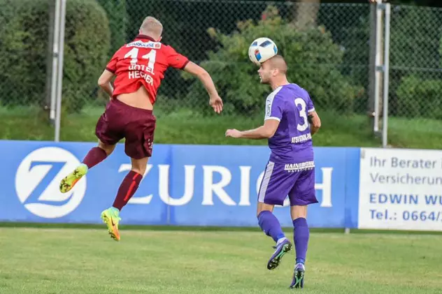 Sorin Ciobanu e lider în liga a treia din Austria. În imagine, momentul când ”sparge” o minge! | FOTO
