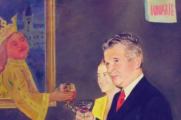 Din categoria ”tablouri omagiale” de 26 ianuarie: Nicolae şi Elena Ceauşescu ciocnesc un pahar cu Ştefan cel Mare