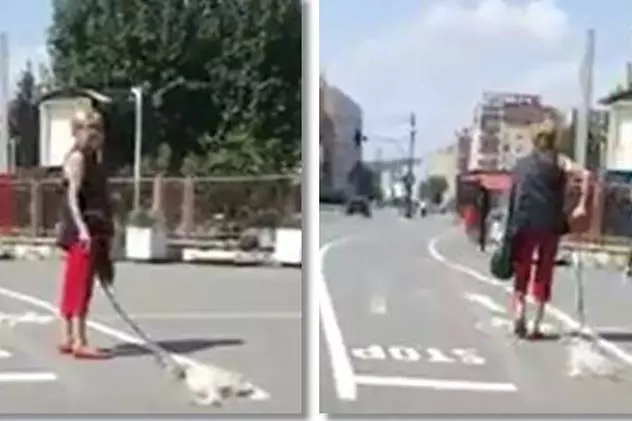 IMAGINE ȘOCANTĂ! Câine târât de stăpână pe o stradă din Reșița. Animalul nu mai mișca
