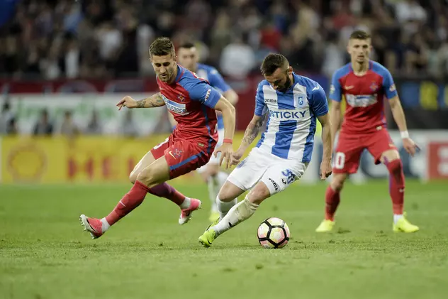 Radoslav Dimitrov (D), de la CSU Craiova, lupta pentru balon cu Ovidiu Popescu (D), de la FCSB in timpul meciului de fotbal din ultima etapa a play off-ului Ligii 1, disputat pe stadionul Arena Nationala din Capitala, sambata 13 mai 2017. ANDREEA ALEXANDRU / MEDIAFAX FOTO