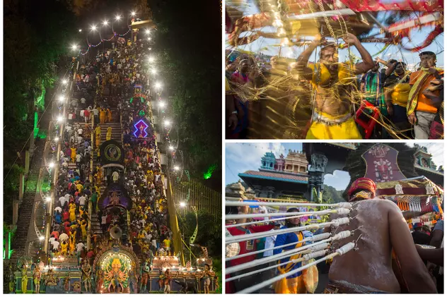 Imagini impresionante de la cel mai mare festival religios din Malaezia! Zeul hindus al războiului, celebrat cu țepușe de argint trecute prin obraji și kilograme de fructe agățate de piele cu cârlige!