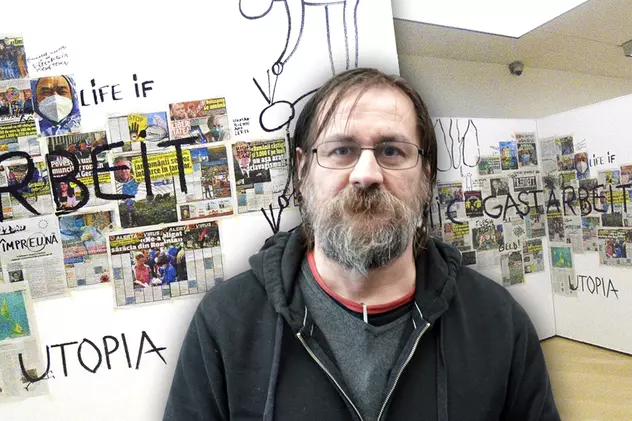 Paginile ziarului Libertatea despre muncitorii români din abatoarele lui Tönnies, într-o expoziție din Germania. Mesajul artistului Dan Perjovschi pe poza lui Țiriac