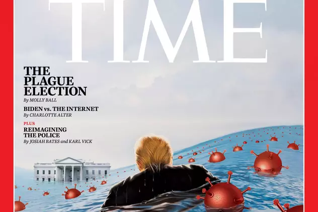 Pe noua copertă a revistei TIME, Trump înoată într-un ocean de COVID