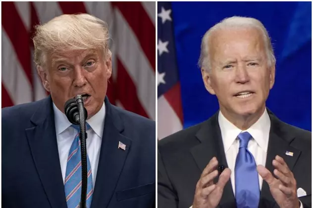 Ce se întâmplă în cazul în care rezultatul alegerilor din SUA este disputat de ambele părți. Colaj cu Donald Trump (stânga) și Joe Biden (dreapta), ambii cu steagul SUA în fundal