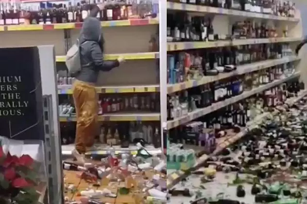 VIDEO. O femeie a intrat într-un supermarket din Anglia și a spart 500 de sticle de alcool. „Nu am văzut niciodată așa ceva!”
