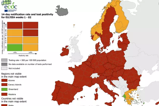 Zonele cele mai afectate de Covid din UE, marcate cu roșu închis. Restricțiile vor fi severe