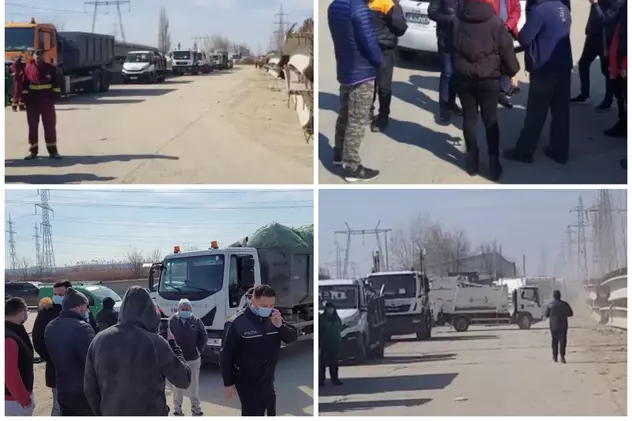 De la stânga sus la dreapta jos: mașinile încolonate la intrarea în stația de sortare, Negoiță discutând cu vecinii, Poliția sunând la APM și mașinile făcând cale întoarsă