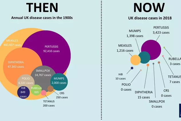 Graficul care arată cum s-a schimbat răspândirea unor boli după apariția vaccinurilor