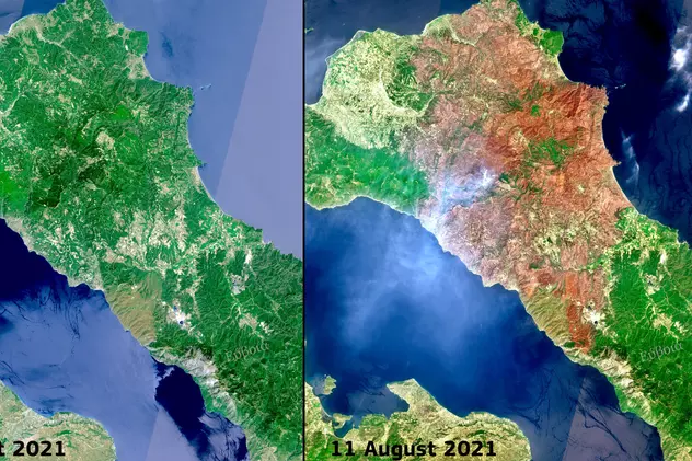 Insula Evia, înainte și după incendii. Imagini incredibile surprinse din satelit