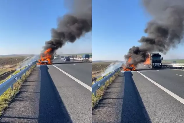 O maşină a fost cuprinsă de flăcări pe autostrada Timişoara-Lugoj