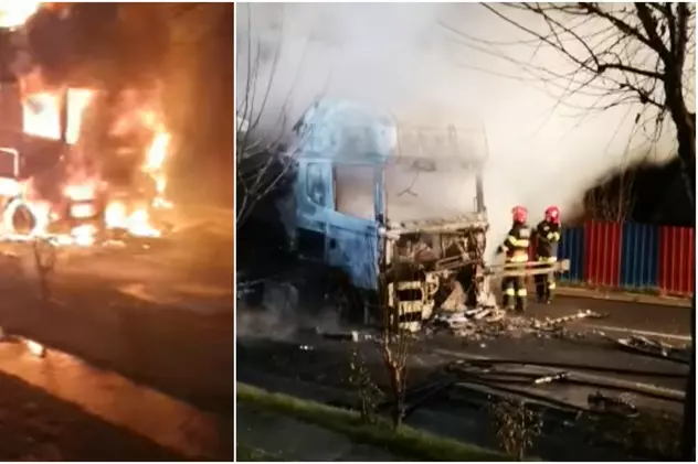 Trafic blocat pe DN14, în județul Sibiu, după ce un TIR a fost cuprins de flăcări