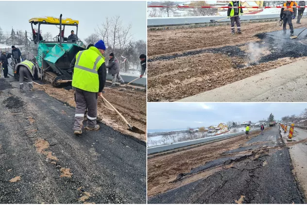 VIDEO | Drum național din Suceava asfaltat la zero grade și direct peste noroi: „Lucrări de etanșeizare”