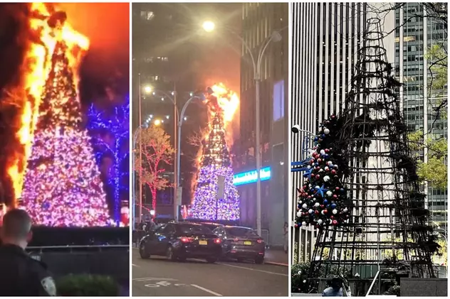VIDEO | Bradul de Crăciun instalat de Fox News în Manhattan a ars, un bărbat l-a aprins ca pe o torță