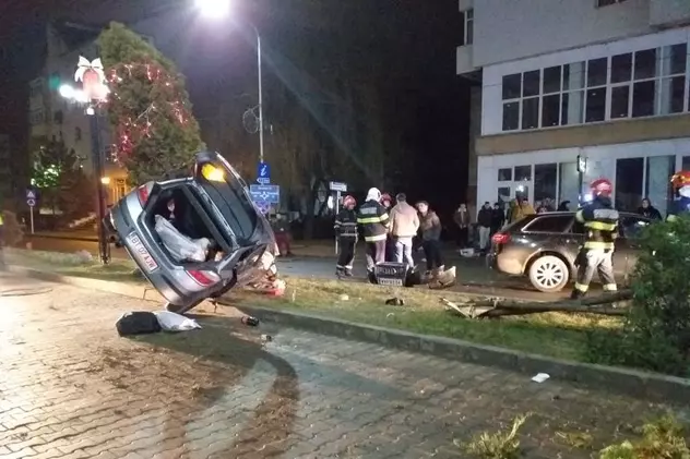 VIDEO | Șoferiță de 18 ani cu mașina urcată pe copac, în Dorohoi