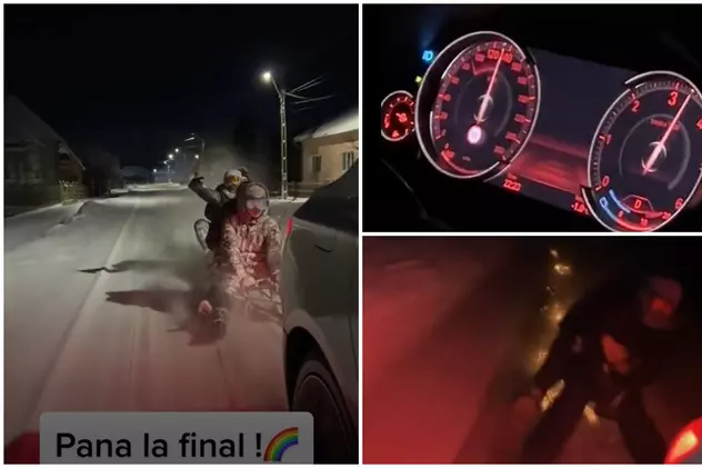 VIDEO | Trași cu sania pe șosea cu 140 km/h, trei tineri din Bistrița au fost aproape de moarte. Șoferul, amendat