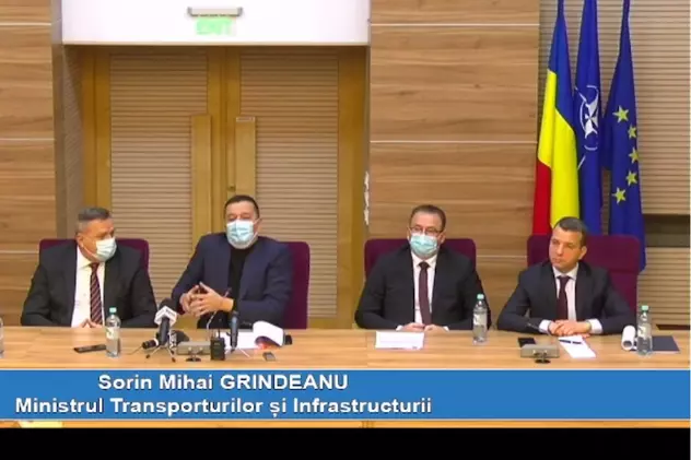 Secretarul de stat de la Transporturi Sorinel Vrăjitoru fara masca sanitară de protecţie anti COVID, langa Sorin Grindeanu la o conferinta de presa. Foto: Facebook PSD
