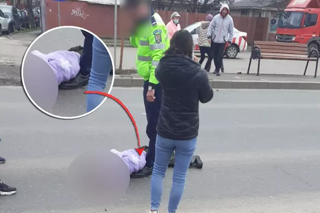 Imaginea care arată că, după accident, polițistul a atins cu piciorul trupul uneia dintre fetele lovite