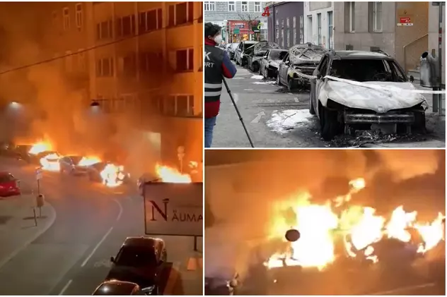VIDEO | Șase mașini ale Poliției, incendiate în fața sediului, la Viena. 1.000 de euro recompensă pentru găsirea celui care a pus focul