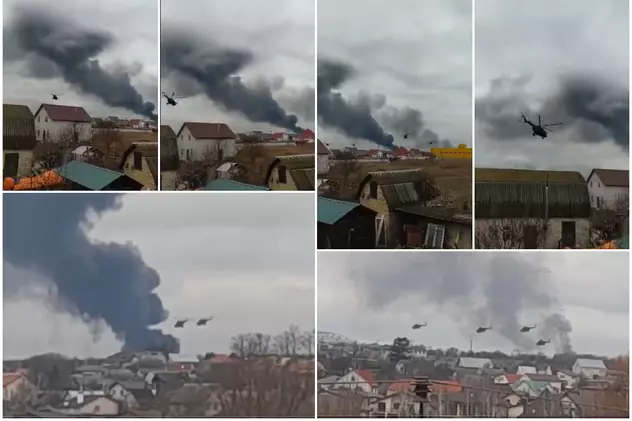 Imaginile războiului: Atac masiv cu elicoptere asupra unui aeroport de lângă Kiev