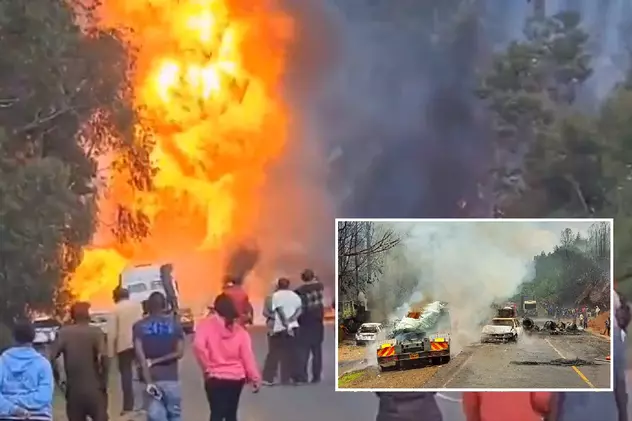 VIDEO | Flăcări până la cer pe șosea, o remorcă cu butelii a explodat, patru mașini care circulau pe lângă ea s-au făcut scrum, lângă Nairobi