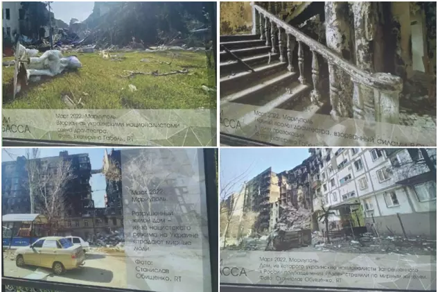 Propaganda rușilor în Crimea. Expoziție foto la Sevastopol: „Teatrul din Mariupol, bombardat de naționaliști ucraineni”