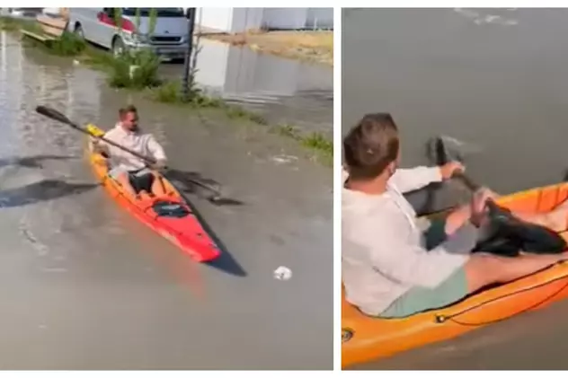 VIDEO | Plimbare cu caiacul pe străzile inundate din Mamaia. „Face valuri băiatul”