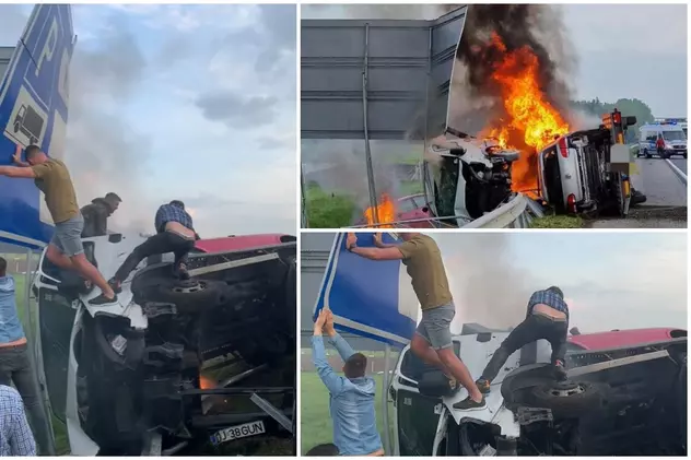 VIDEO| Momentul când un tânăr șofer român e salvat din camionul incendiat, în Ungaria. Conducea de 24 de ore
