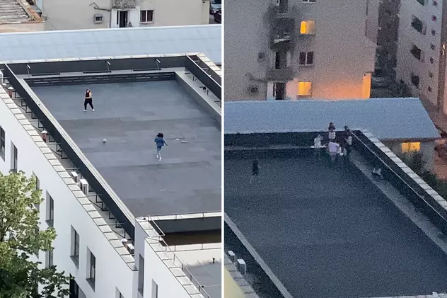 VIDEO. Copii filmați în timp ce se joacă cu mingea seara, pe acoperișul unui liceu din sectorul 4. Conducerea școlii: „Este o terasă circulabilă”
