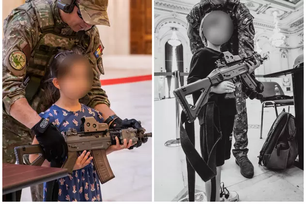 De Ziua Copilului, Forțele Aeriene Române s-au promovat punând arme Kalașnikov în mâinile fetițelor și băieților de 4-5 ani. Imagini de la Palatul Parlamentului