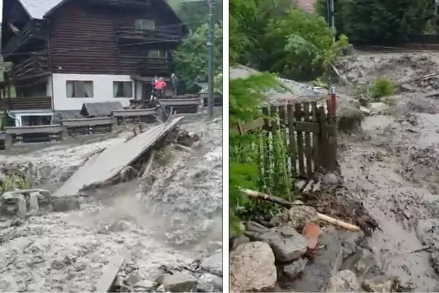 Inundații în comuna Moroeni din Dâmbovița. Apa a intrat în gospodării și a blocat drumul