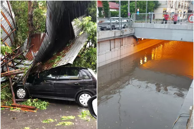 Furtună puternică la Craiova. Acoperișuri și copaci luați de vânt, străzi și gospodării inundate