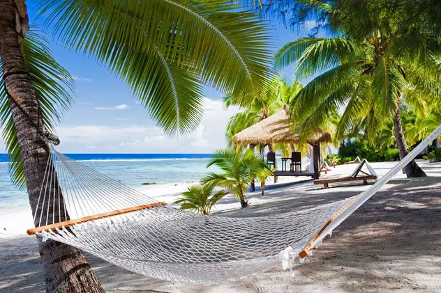 Top 5 hamace suspendate sub 500 de lei - Peisaj de plajă caraibian având în prim-plan un hamac