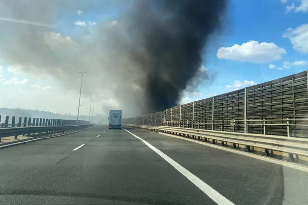 Incendiu de vegetaţie uscată în Arad. Focul s-a extins spre autostradă și a cuprins panourile fonoabsorbante de pe margine