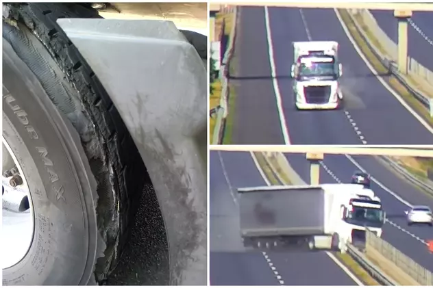 Momentul când explodează un cauciuc și camionul scapă de sub control, pe autostradă. Șofer român dat exemplu, în Ungaria | VIDEO