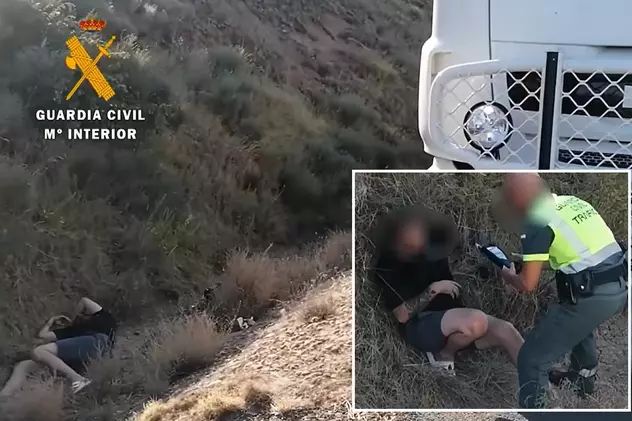 Șofer de camion, rupt de beat într-un șanț, în Spania. Nu putea să stea în picioare ca să sufle în etilotest | VIDEO