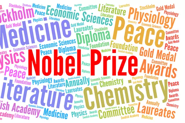 Ce sunt premiile Nobel - Imagine care are în centru cuvintele Nobel Prize şi în jur domeniile prestigioaselor distincţii