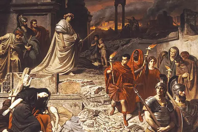 Cine a fost împăratul Nero - Imagine cu împăratul Nero călcând prin cenuşa Romei după incendiul ani anul 64 d.HR.