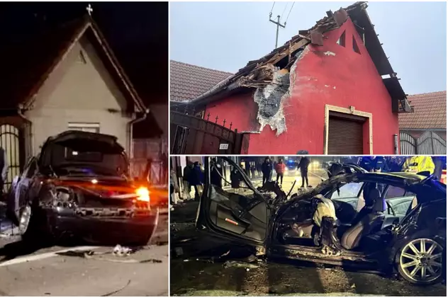 Momentele de după accidentul în care un BMW a zburat pe acoperișul unei case. Oamenii au crezut că un TIR le-a lovit locuința, motorul a sărit la 20 de metri de impact