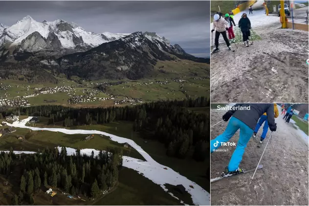 Filmare din Elveția cu turiști mergând în noroi cu schiurile, simbolul unei ierni fără zăpadă în Europa. „Planeta, de fapt, arde”
