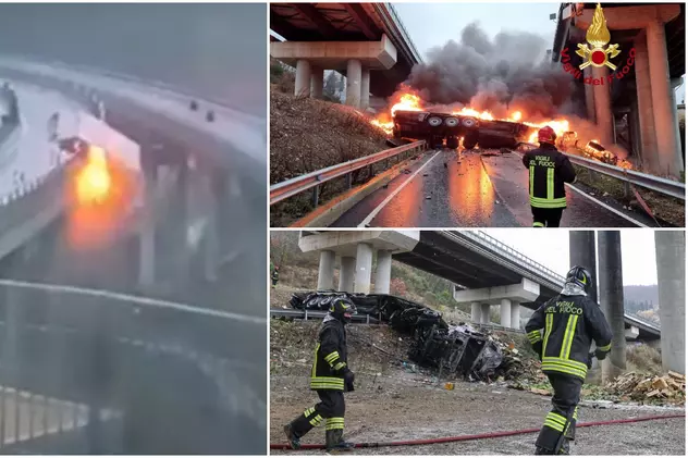 Momentul în care un camion explodează, când cade de pe un viaduct, a fost filmat. Șoferul a murit, pe o autostradă din Italia