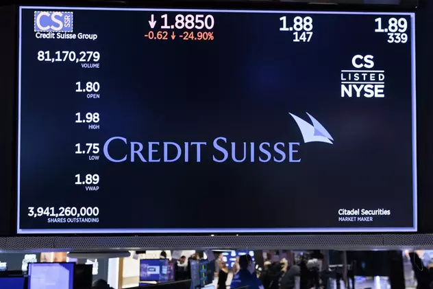 Joi dimineață, Credit Suisse, a 17-a bancă a Europei ca dimensiune, anunță că a luat 50 de miliarde de franci de la Banca Centrală a Elveției după ce acțiunile sale au căzut la minimumul istoric