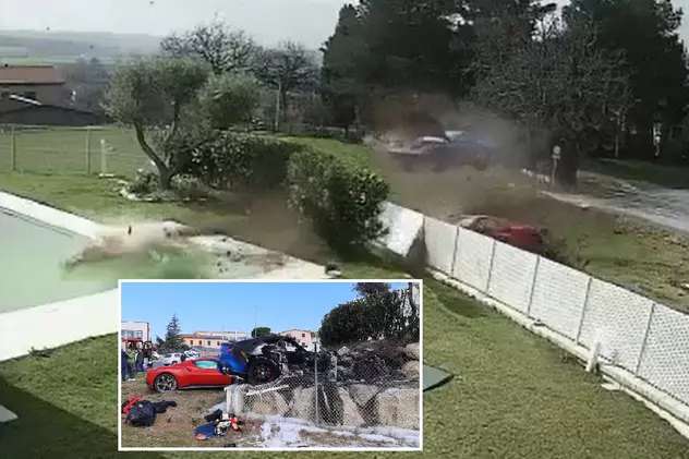 Două Ferrari care se întreceau pe un drum de țară din Italia au ratat o curbă și au zburat în gardul unei vile, apoi unul a luat foc | VIDEO
