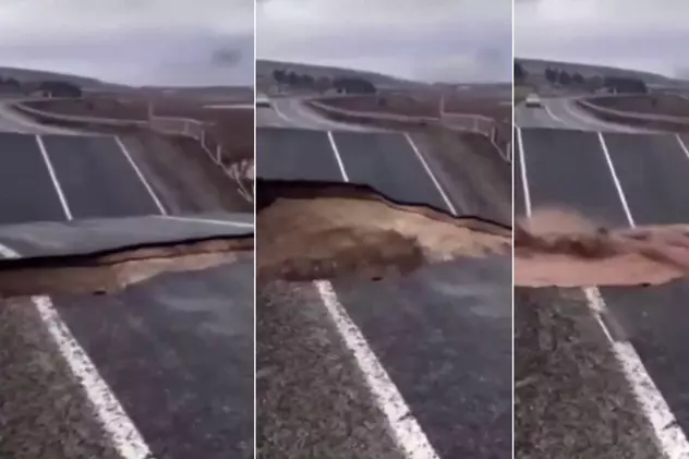 Filmare cutremurătoare cu momentul în care o șosea se rupe în două în timpul inundațiilor din Turcia